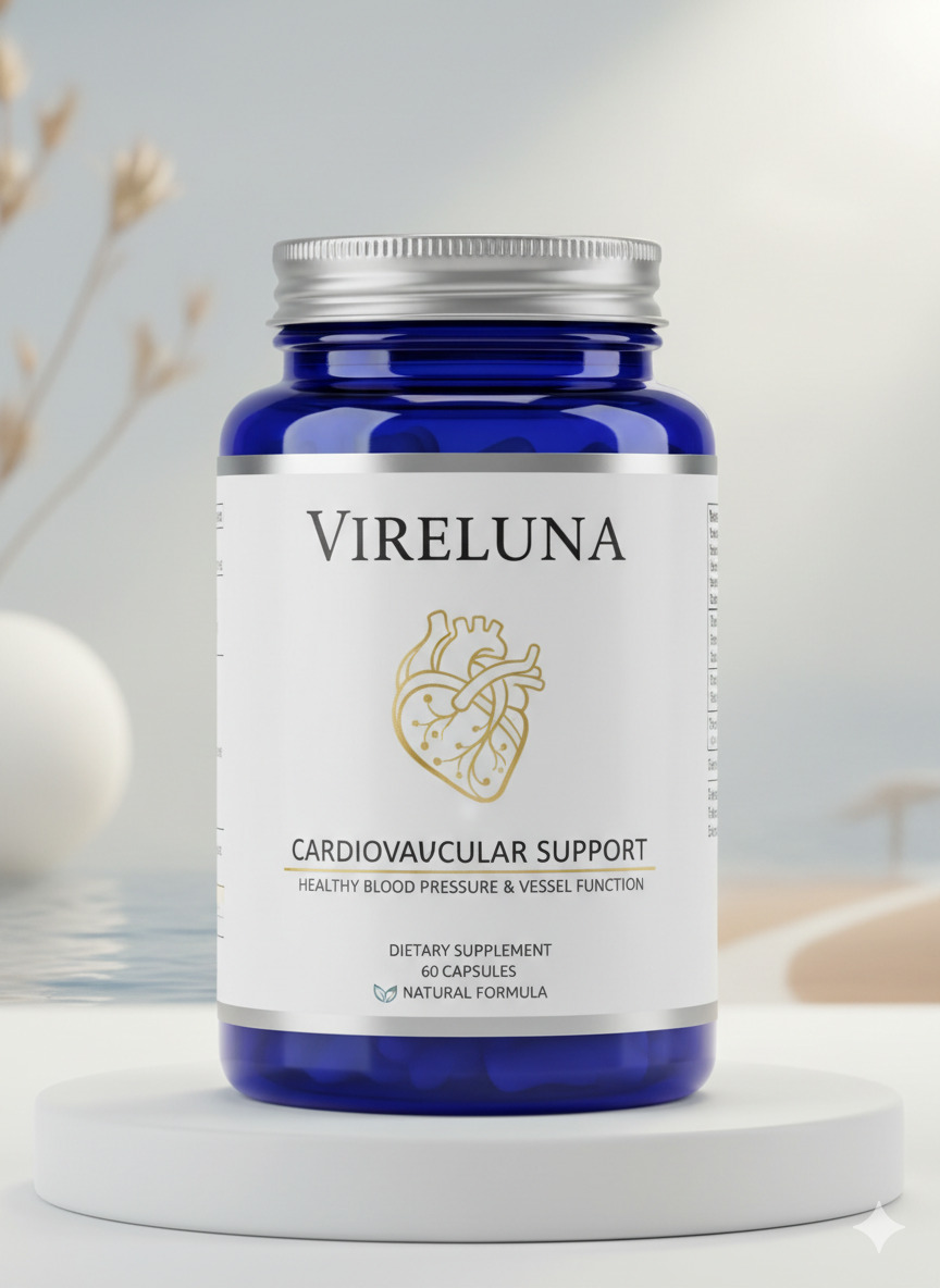 Vireluna food supplement bottle standing on a neutral surface with soft studio lighting